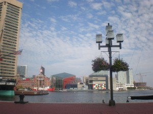 The view over Baltimore harbor in the daytime